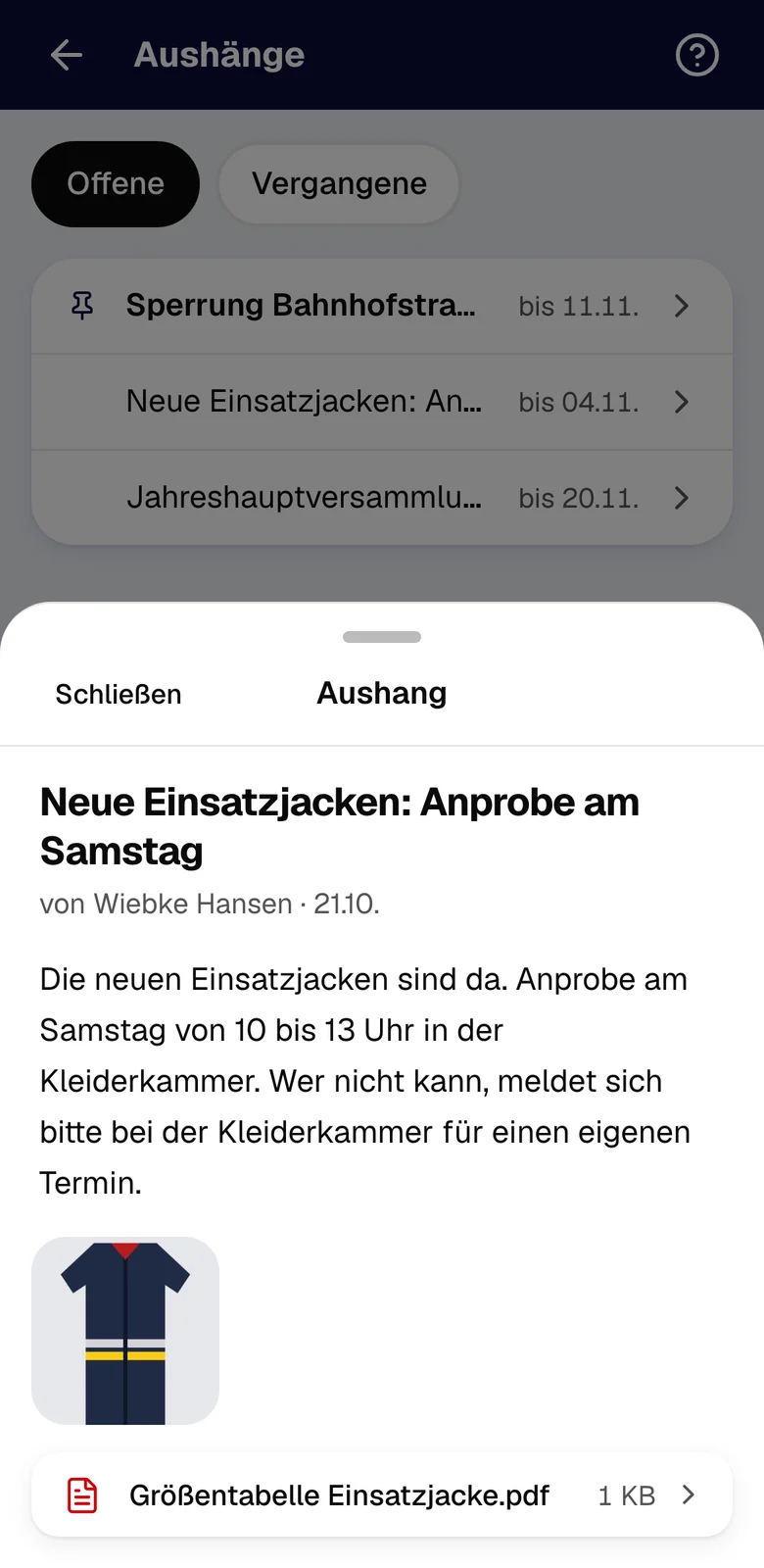 Aushang Neue Einsatzjacken mit Text, Foto der Jacke und Größentabelle als PDF