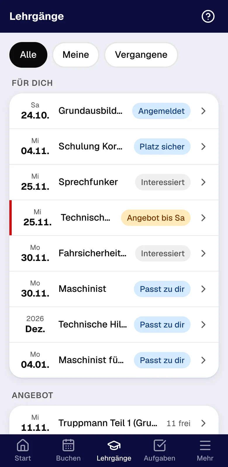 Liste der Lehrgänge mit Angemeldet, Platz sicher, Angebot bis Samstag und Passt zu dir