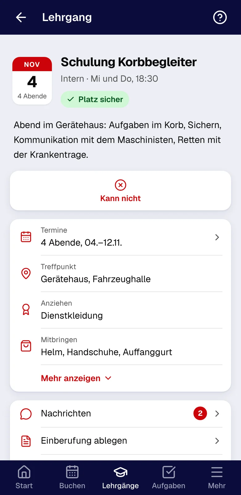 Lehrgang Schulung Korbbegleiter mit Platz sicher, Terminen, Treffpunkt und Mitbringen