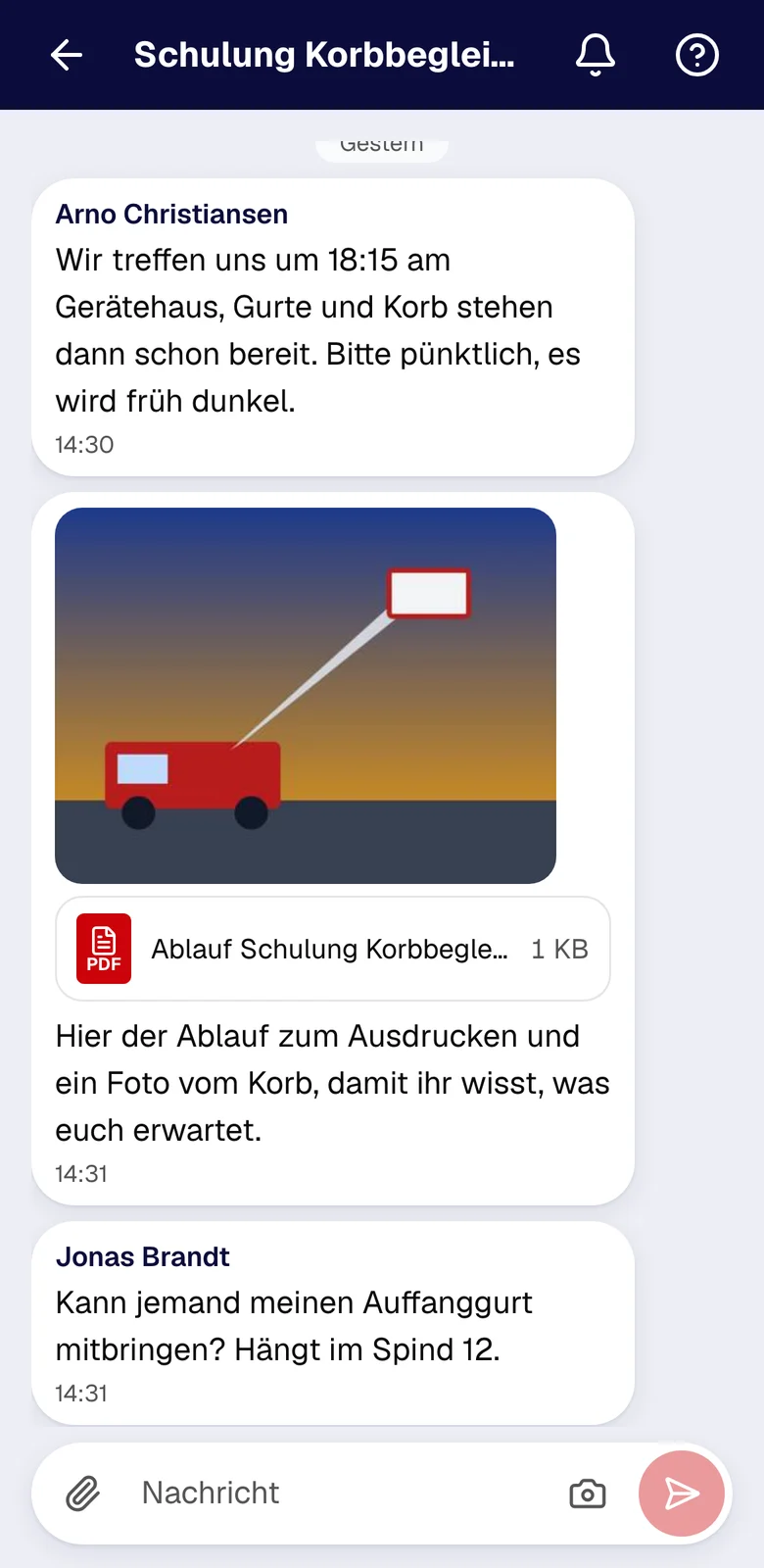 Nachrichten zum Lehrgang Schulung Korbbegleiter mit Anhang und Antworten