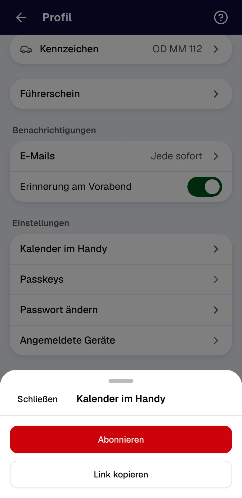 Profil mit dem Blatt Kalender im Handy und den Knöpfen Abonnieren und Link kopieren