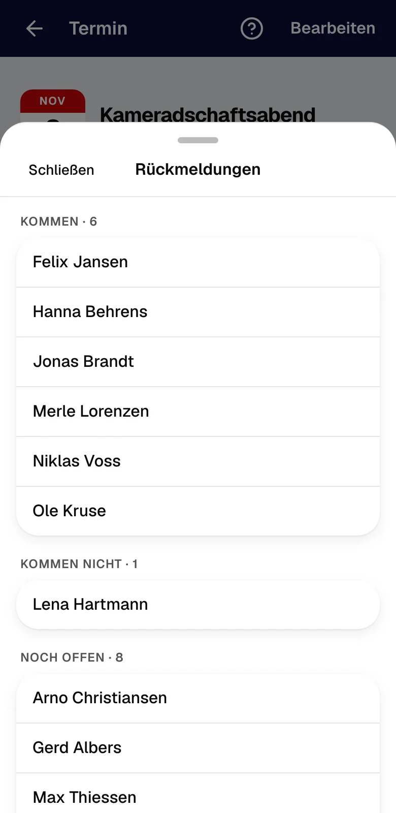 Rückmeldungen zum Termin: 6 kommen mit Namen, 1 kommt nicht, 8 noch offen