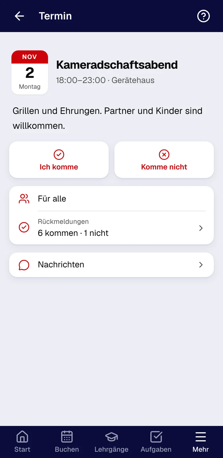 Termin Kameradschaftsabend mit den Knöpfen Ich komme und Komme nicht und der Zeile 6 kommen, 1 nicht