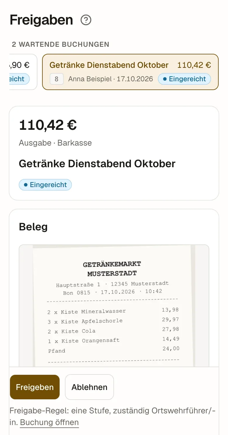 Freigabe einer Ausgabe über 110,42 Euro mit dem Kassenbon des Getränkemarkts und den Knöpfen Freigeben und Ablehnen