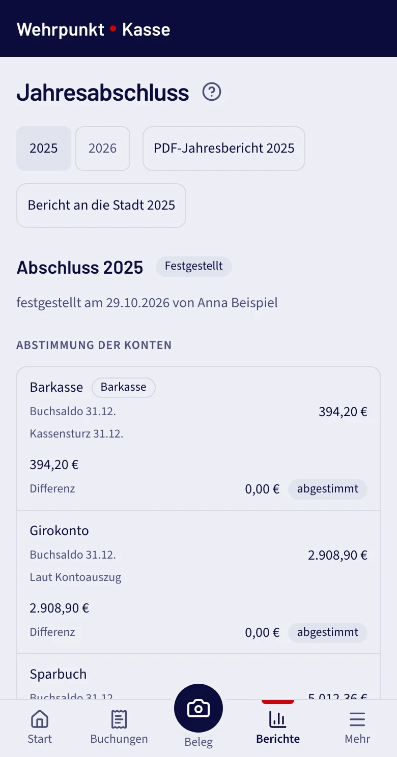 Abschluss 2025 festgestellt mit den Knöpfen PDF-Jahresbericht 2025 und Bericht an die Stadt 2025, Barkasse und Girokonto abgestimmt