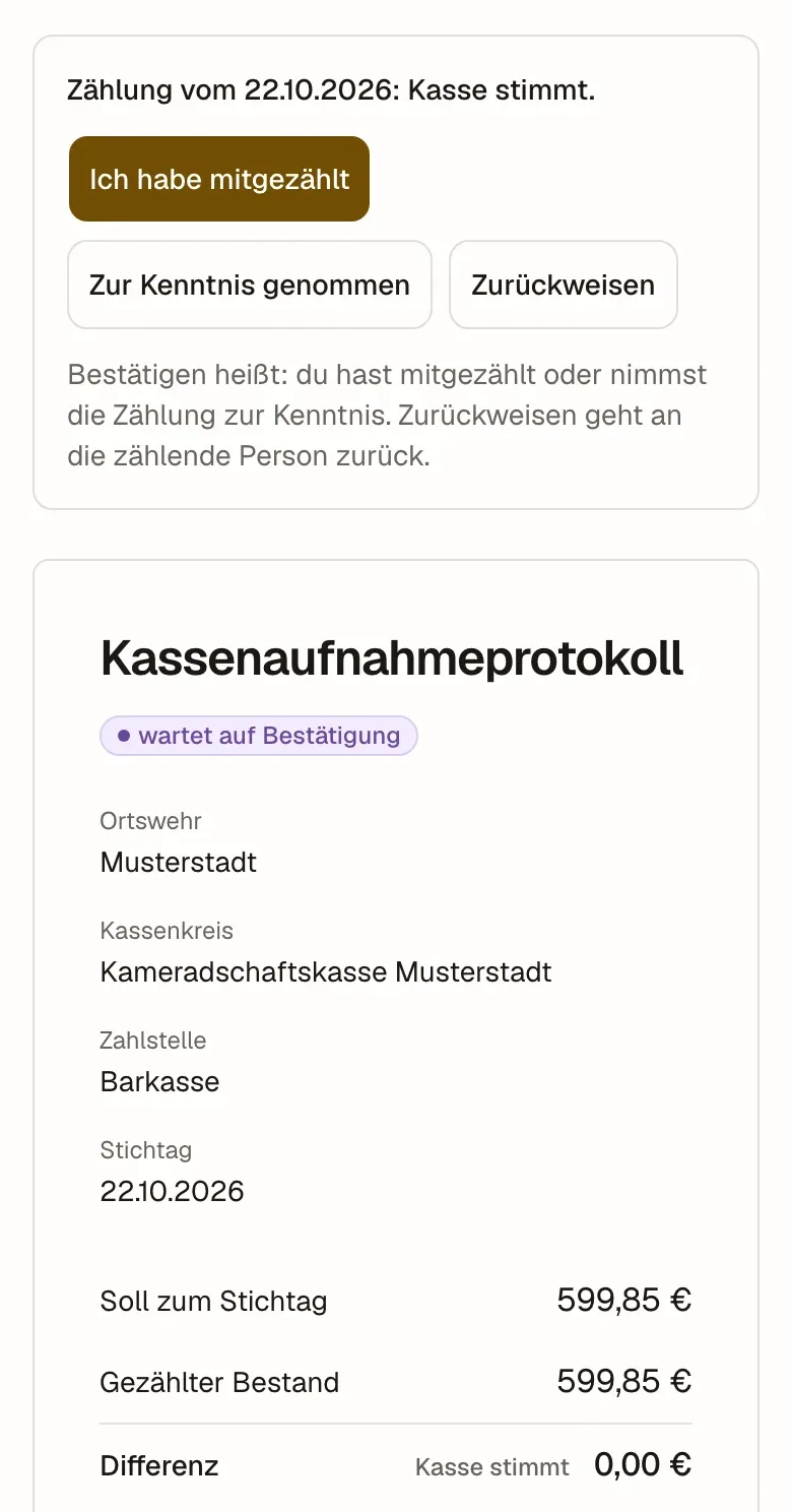 Kassensturz: Zählung der Barkasse, Kasse stimmt, Knopf Ich habe mitgezählt und das Kassenaufnahmeprotokoll mit Soll und Ist