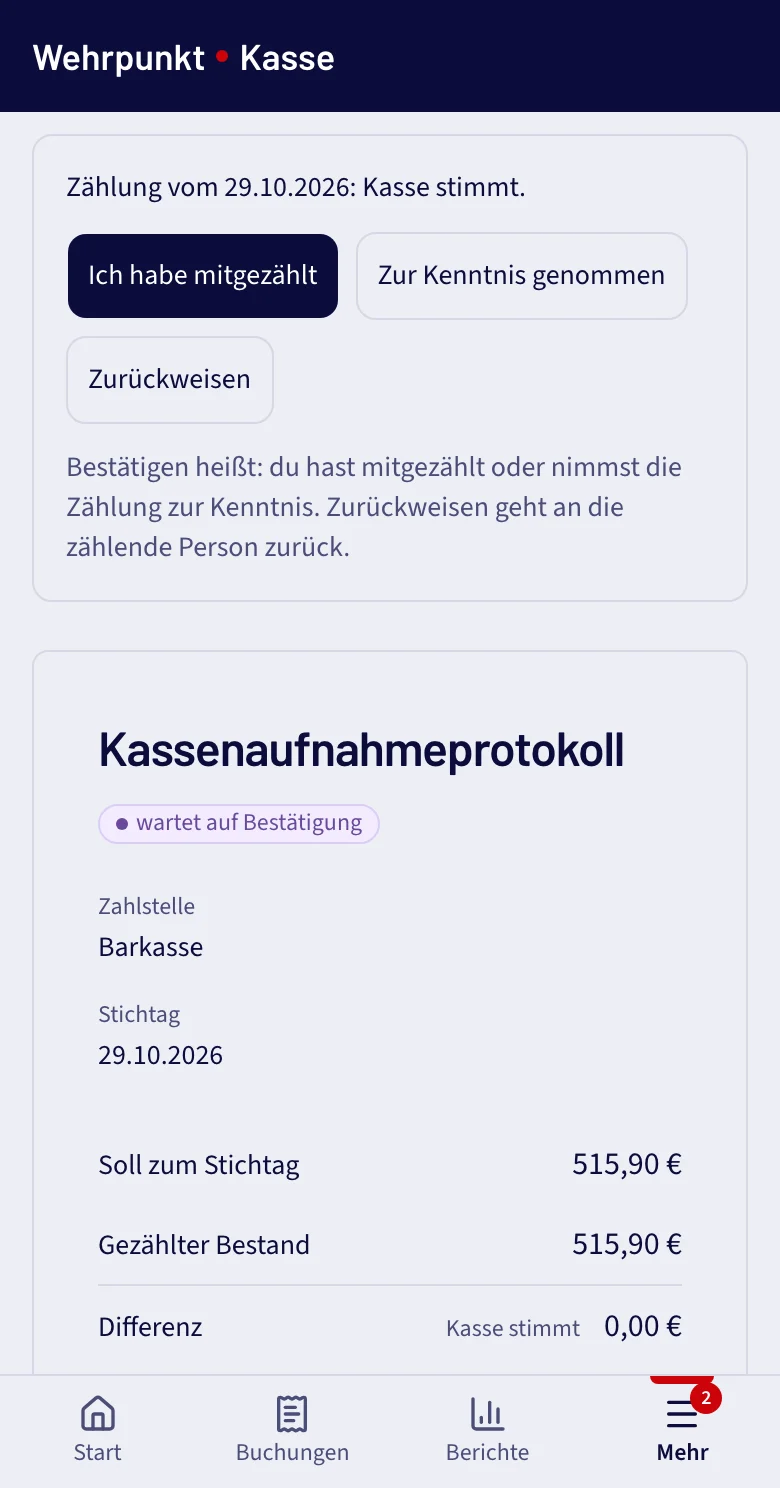 Kassensturz der Barkasse: Kasse stimmt, Knöpfe Ich habe mitgezählt, Zur Kenntnis genommen und Zurückweisen, darunter das Kassenaufnahmeprotokoll mit Soll und Ist je 515,90 Euro und Differenz 0,00 Euro