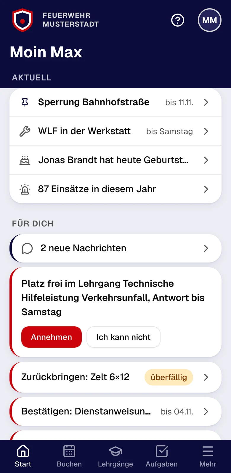 Die Startseite der App