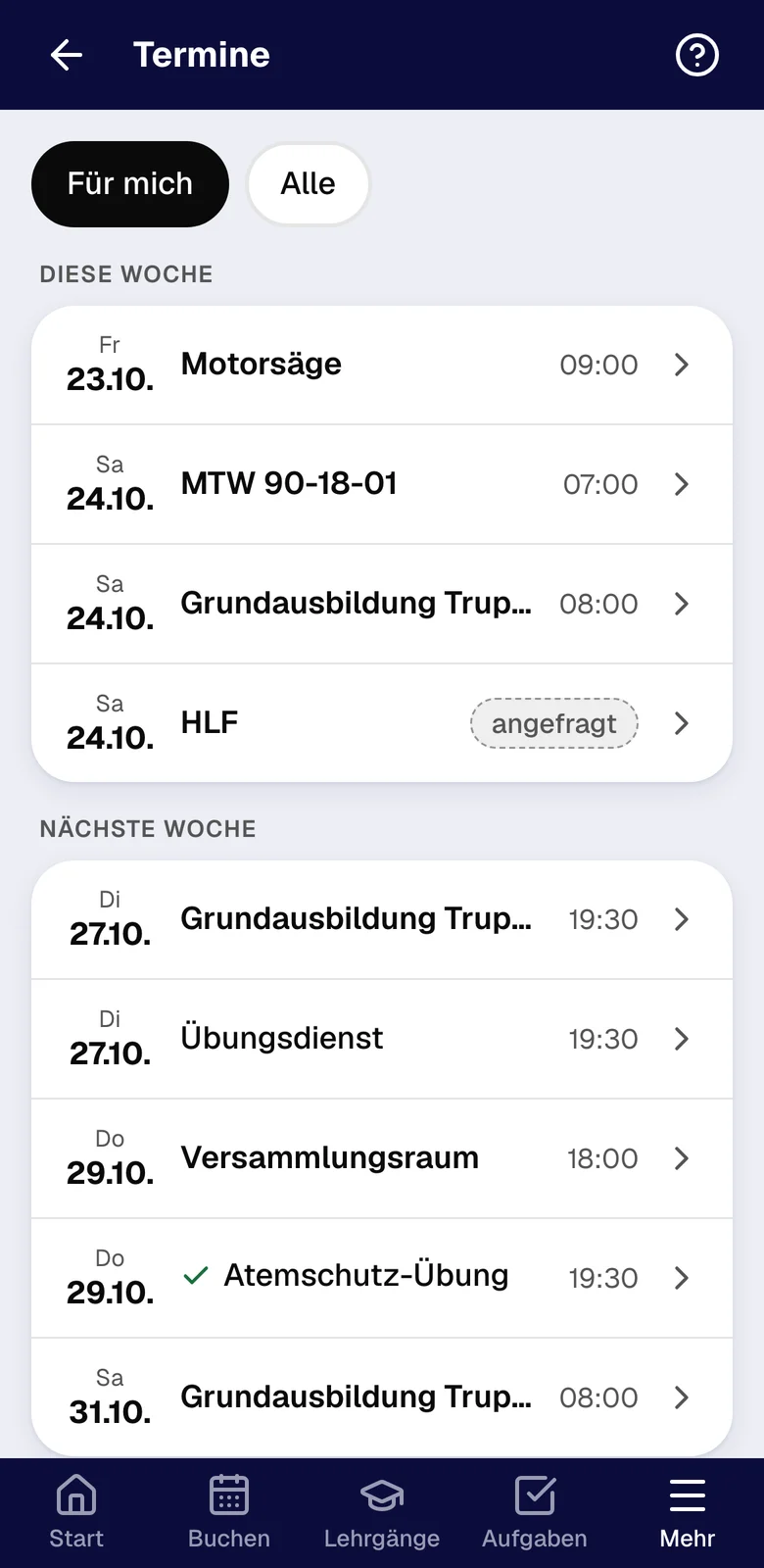 Terminliste der App, gefiltert auf Für mich